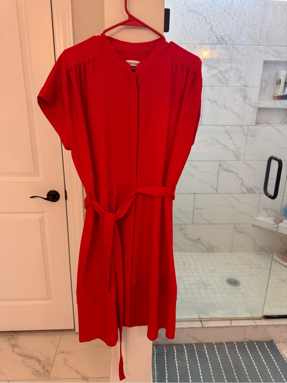 Calvin Klein Red Belted Women's Dress - Classic Short Sleeve
